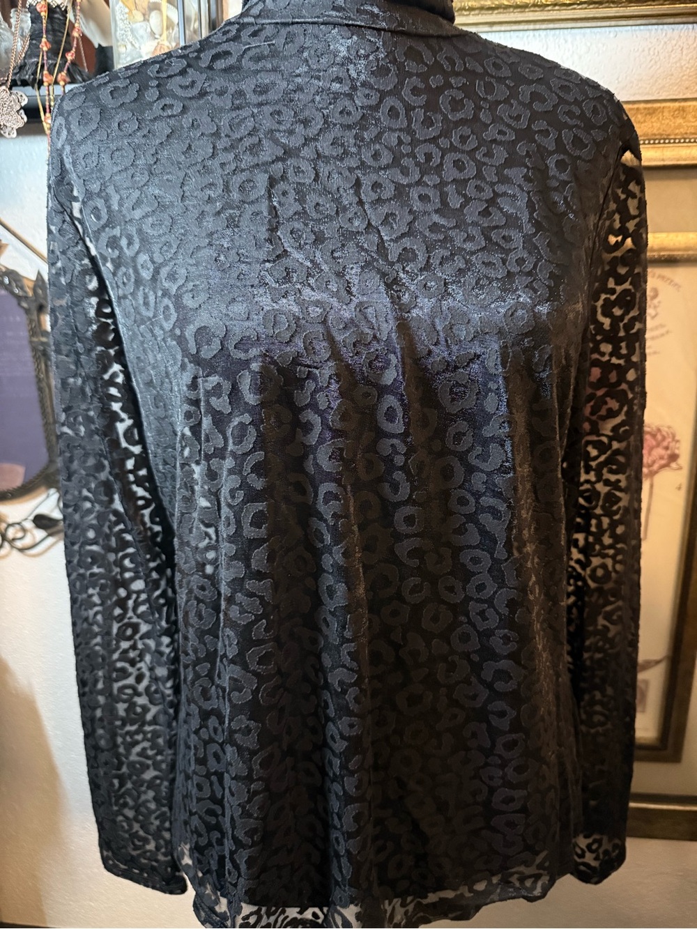 Rock & Republic Black Animal Print Devoré Long Sleeve Mock Neck Blouse XL